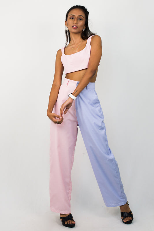 Solid cotton crop top and colour blocked trousers