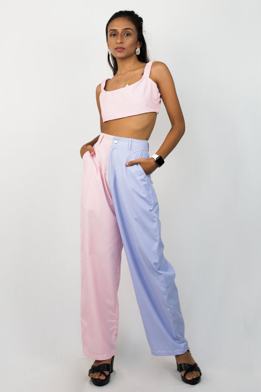 Solid cotton crop top and colour blocked trousers