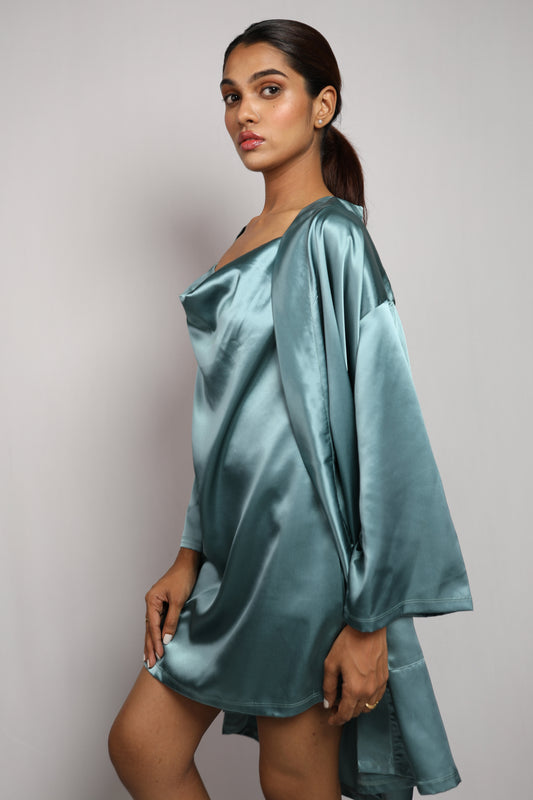 Satin luxury robe with cowl neck slip dress