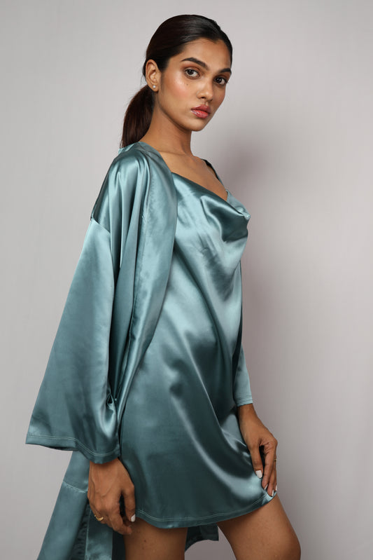 Satin luxury robe with cowl neck slip dress