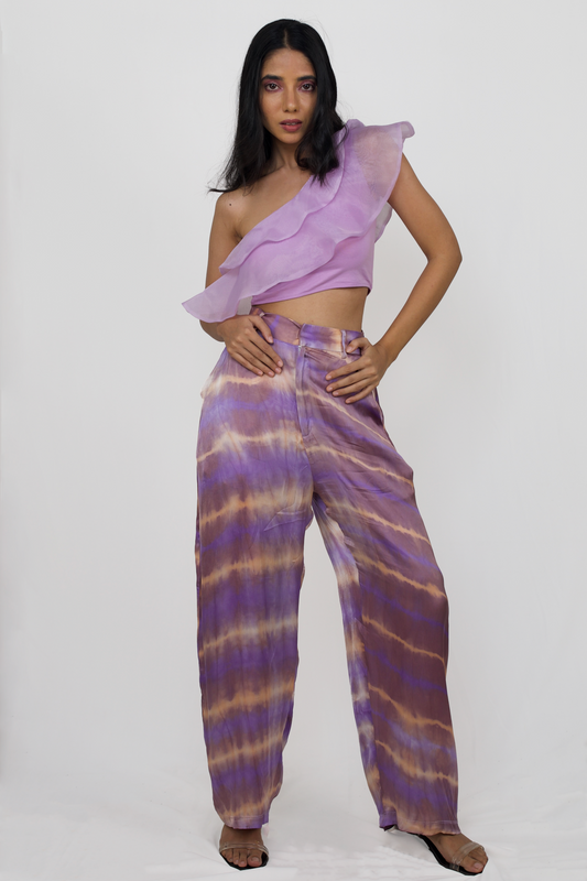 One shoulder ruffle top and satin pants