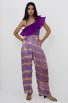 One shoulder ruffle top and satin pants