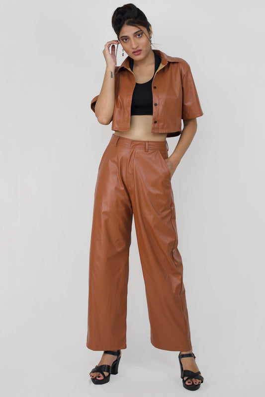 Leather shirt and wide leg trousers