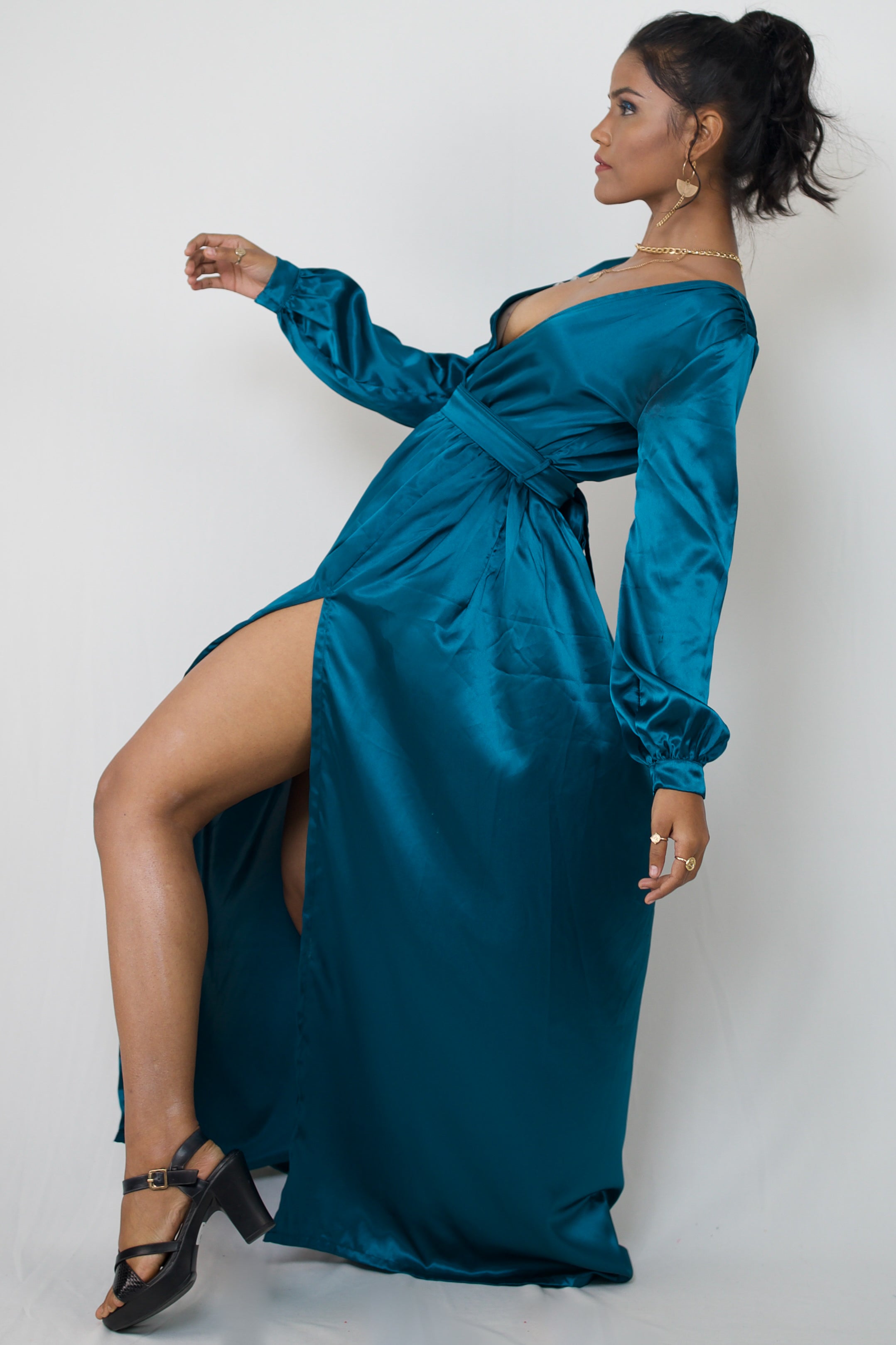April, full length satin gown with split navy - Ladida Boutique