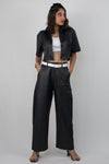 Leather shirt and wide leg trousers