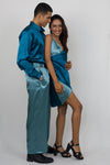 Satin colour blocked dress and shirt pant couple set