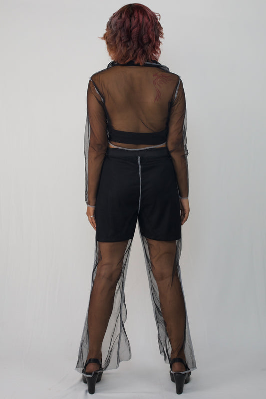 Mesh overlocked shirt with front slit pants